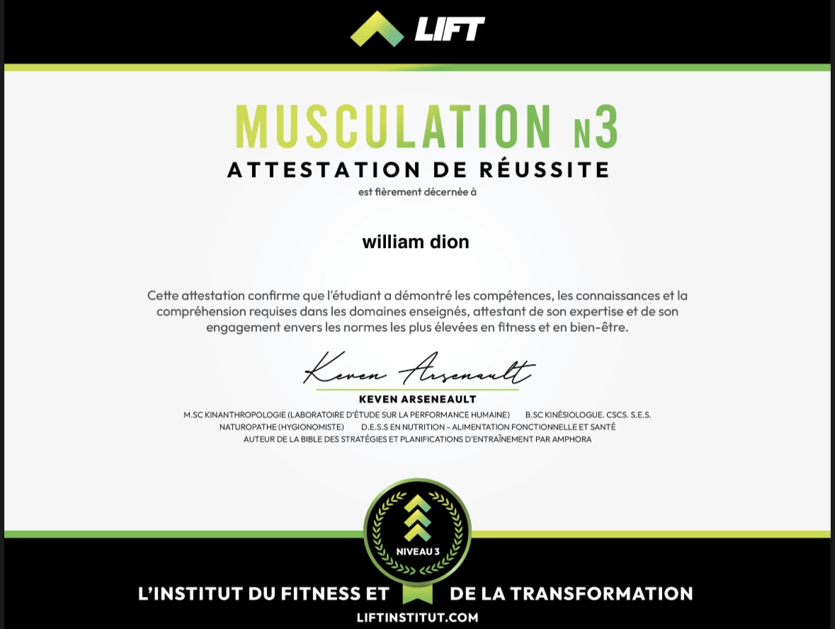 Certification Musculation N3 — William Dion