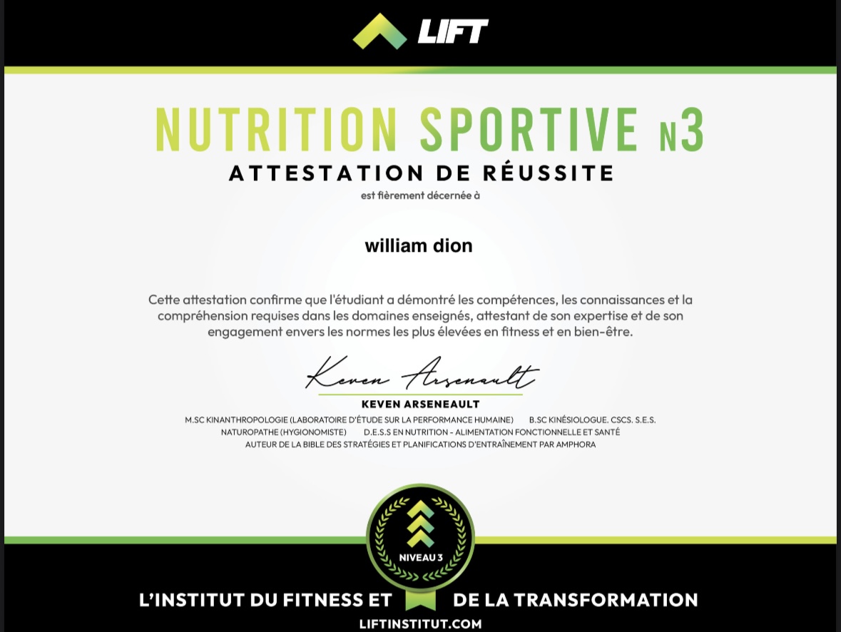 Certification Nutrition Sportive N3 — William Dion